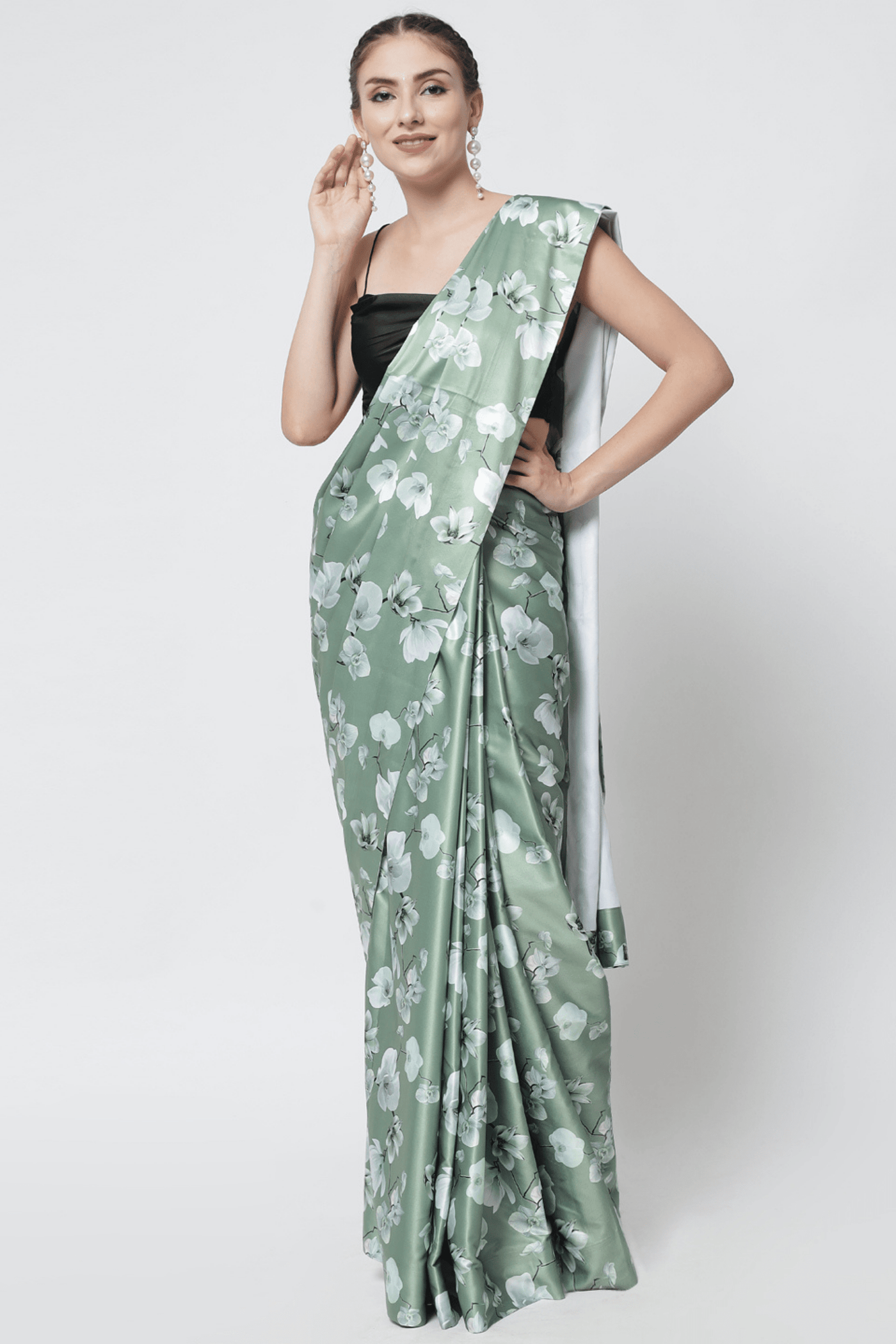 Sttylme - Dream Girl Olive Green Satin Saree