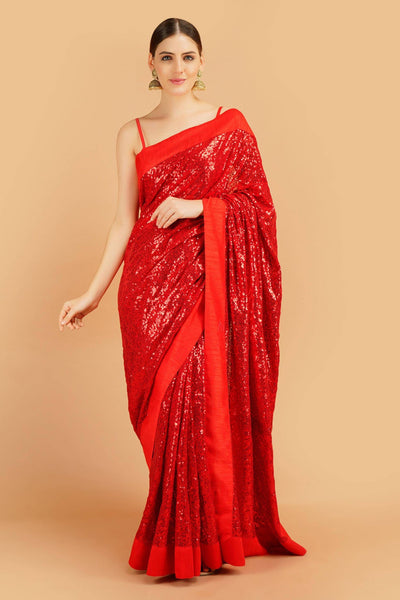 Sttylme - Perfectly Poised Red Sequin Saree