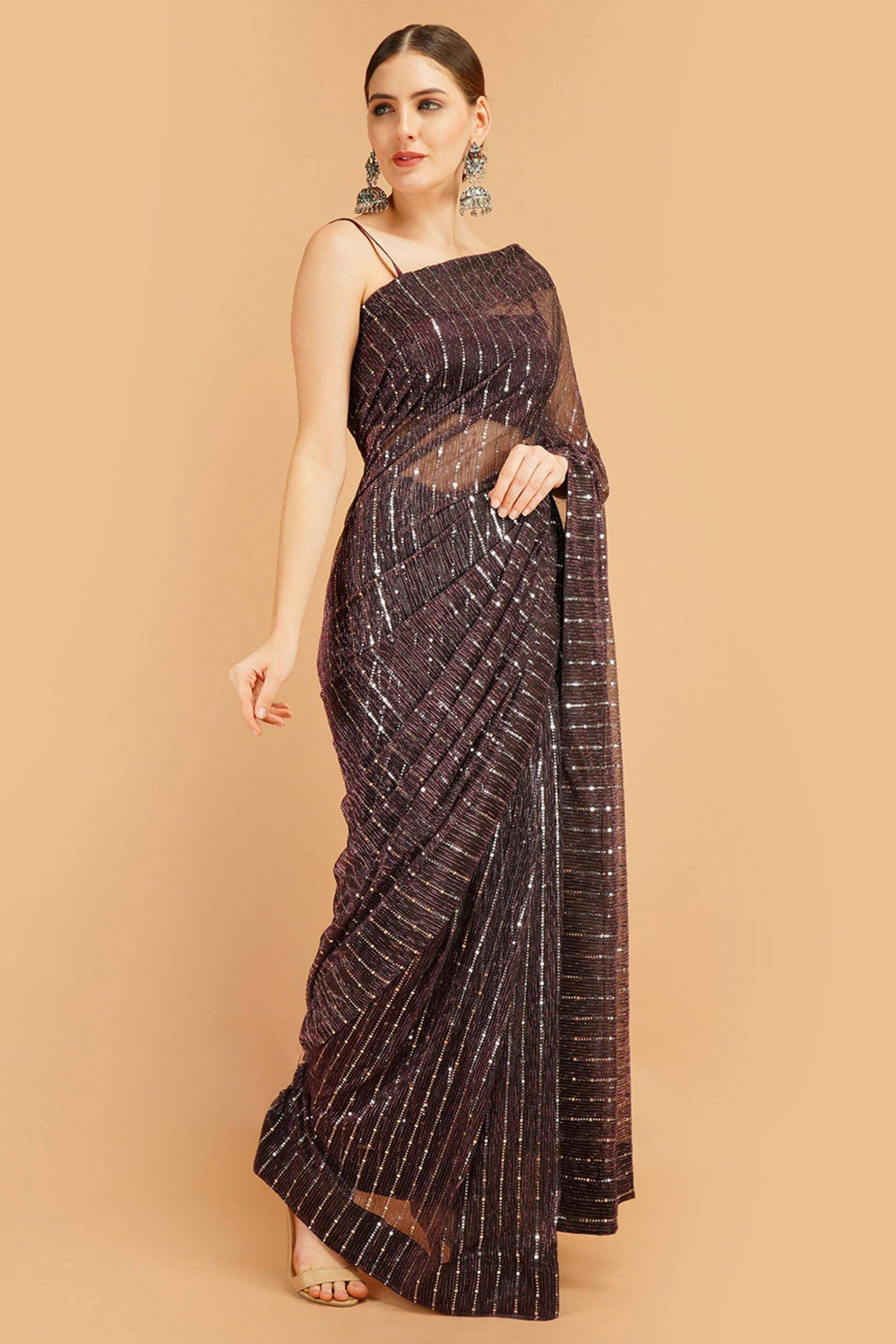 Sttylme - Sparks Fly Sequin Saree - Brown