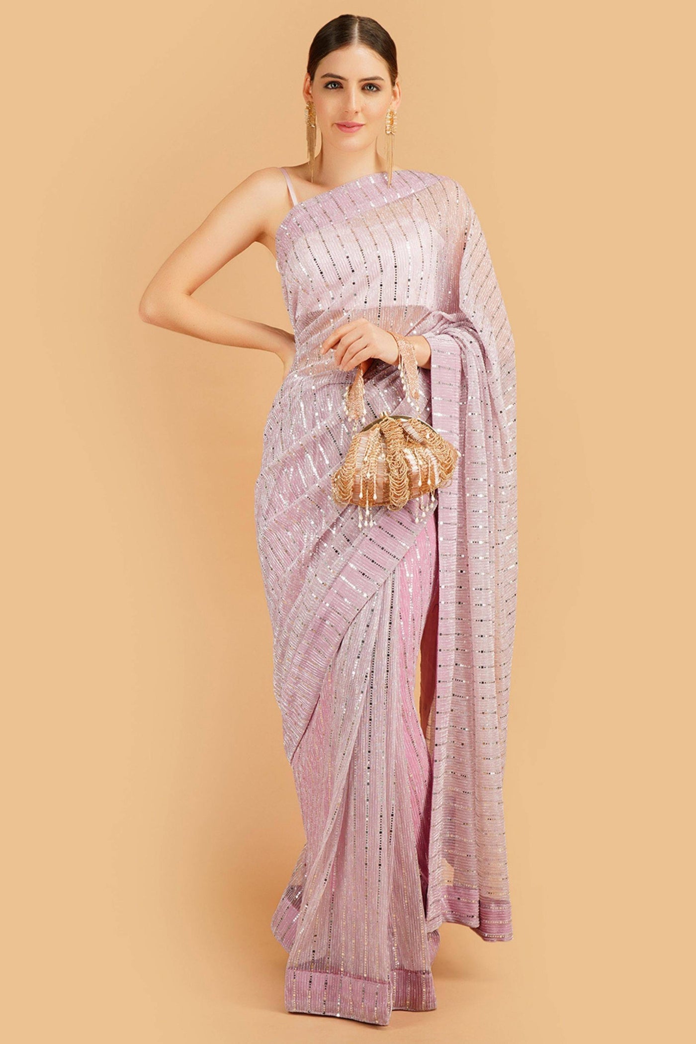 Sttylme - Sparks Fly Sequin Saree - Onion Pink