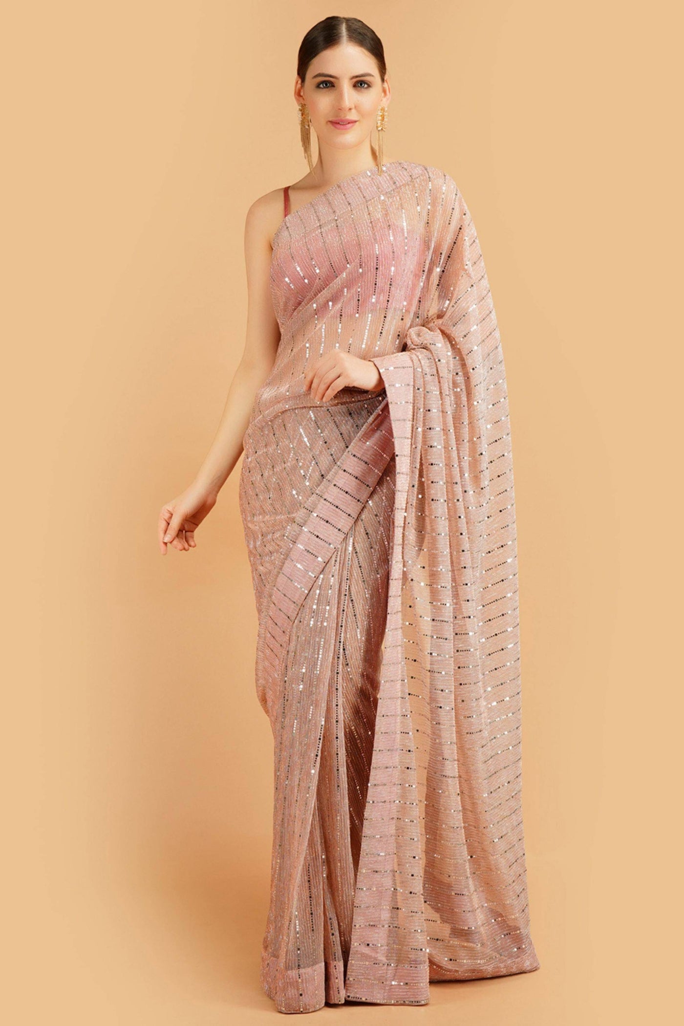 Sttylme - Sparks Fly Sequin Saree - Peach