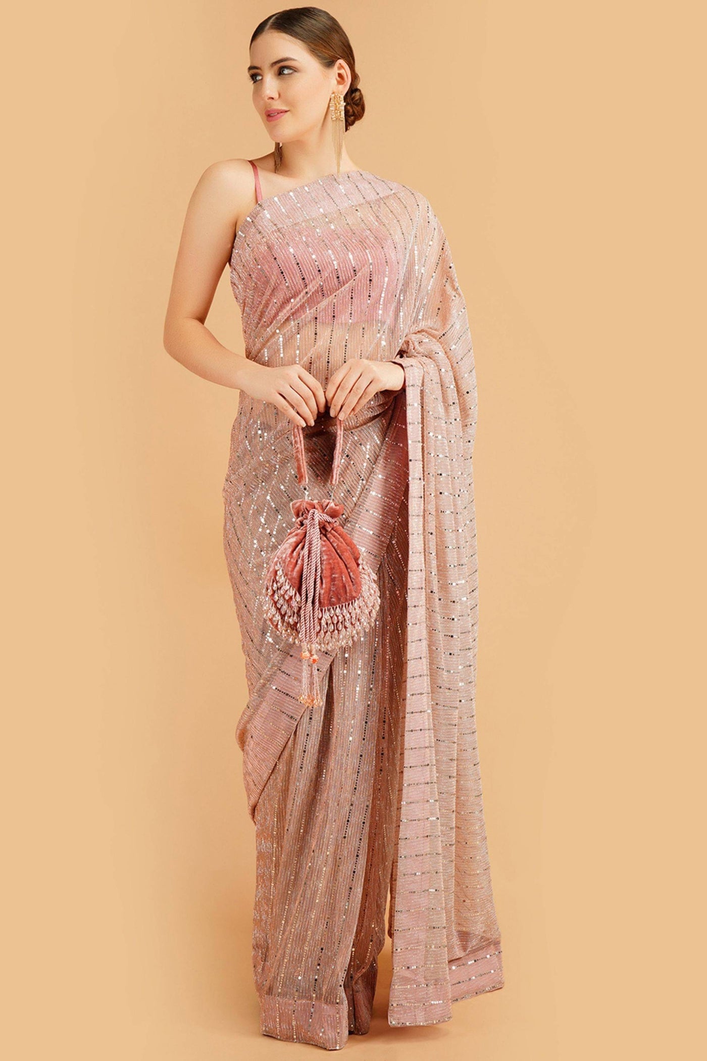 Sttylme - Sparks Fly Sequin Saree - Peach