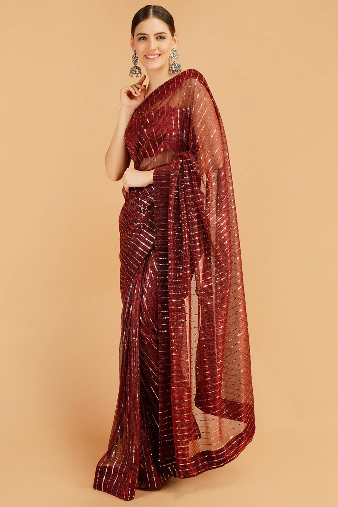 Sttylme - Sparks Fly Sequin Saree - Red
