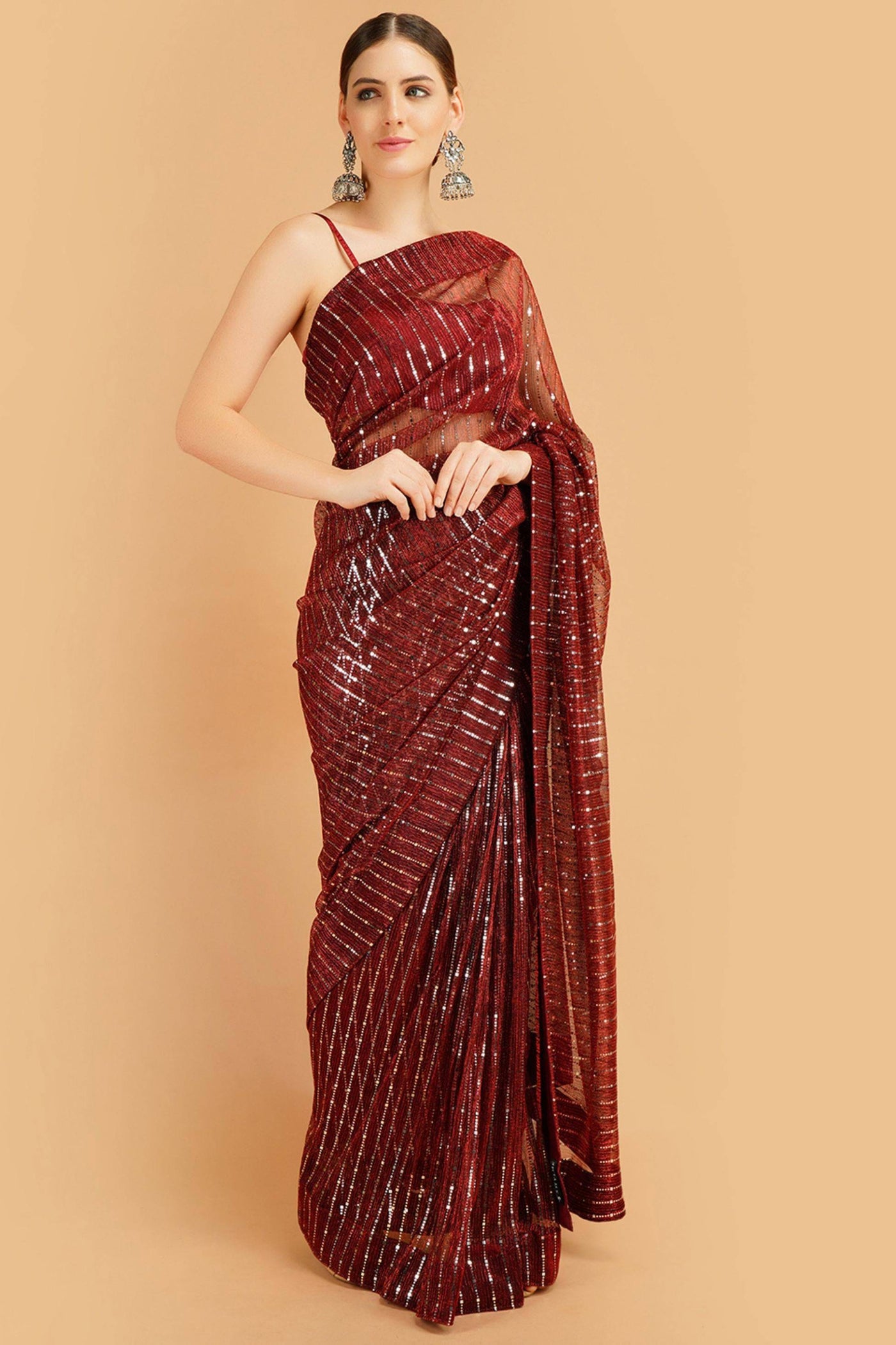 Sttylme - Sparks Fly Sequin Saree - Red