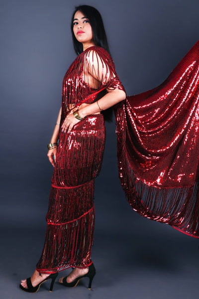 Sttylme - The Perfect Lace Sequin Saree - Red