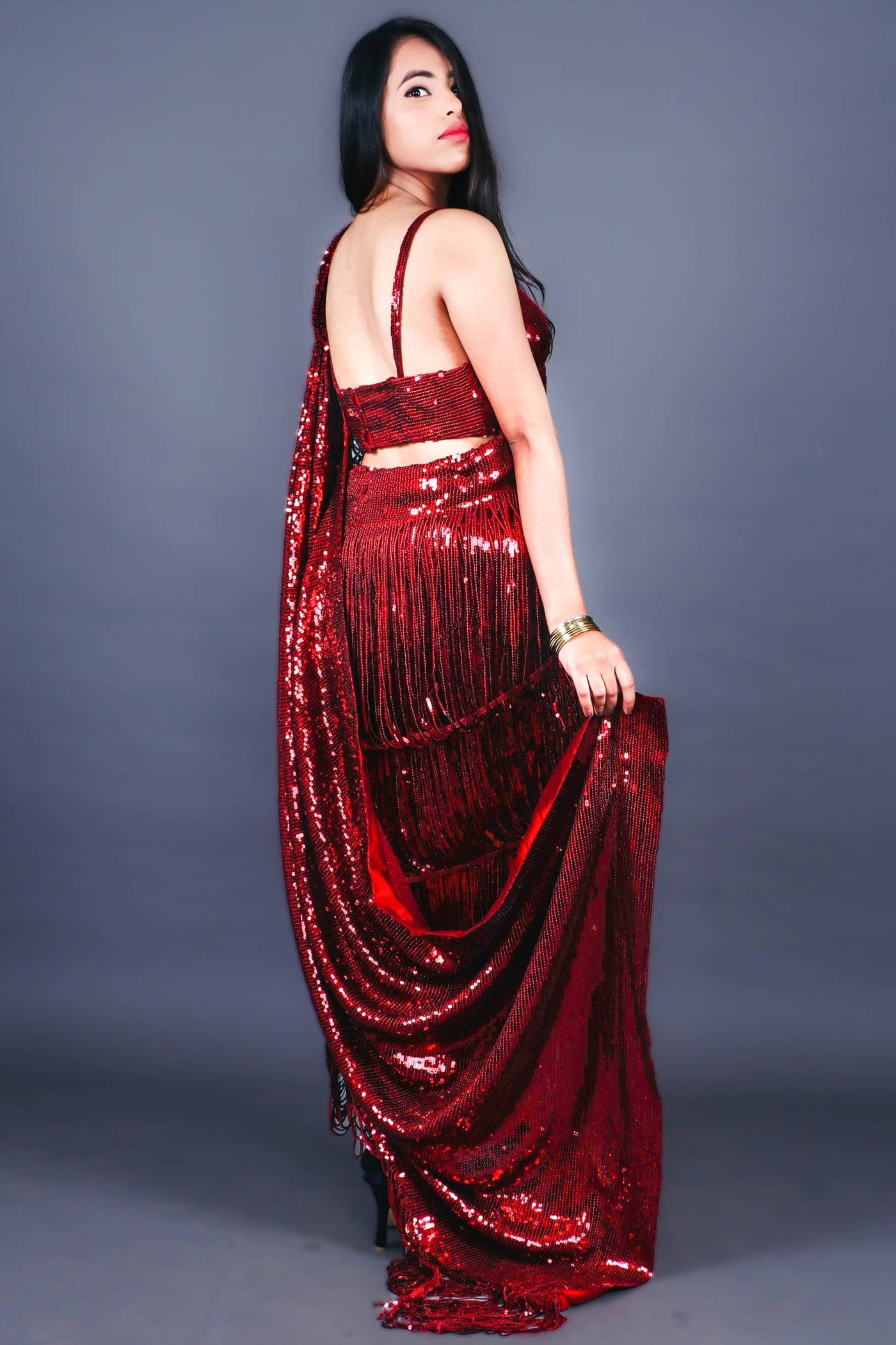 Sttylme - The Perfect Lace Sequin Saree - Red